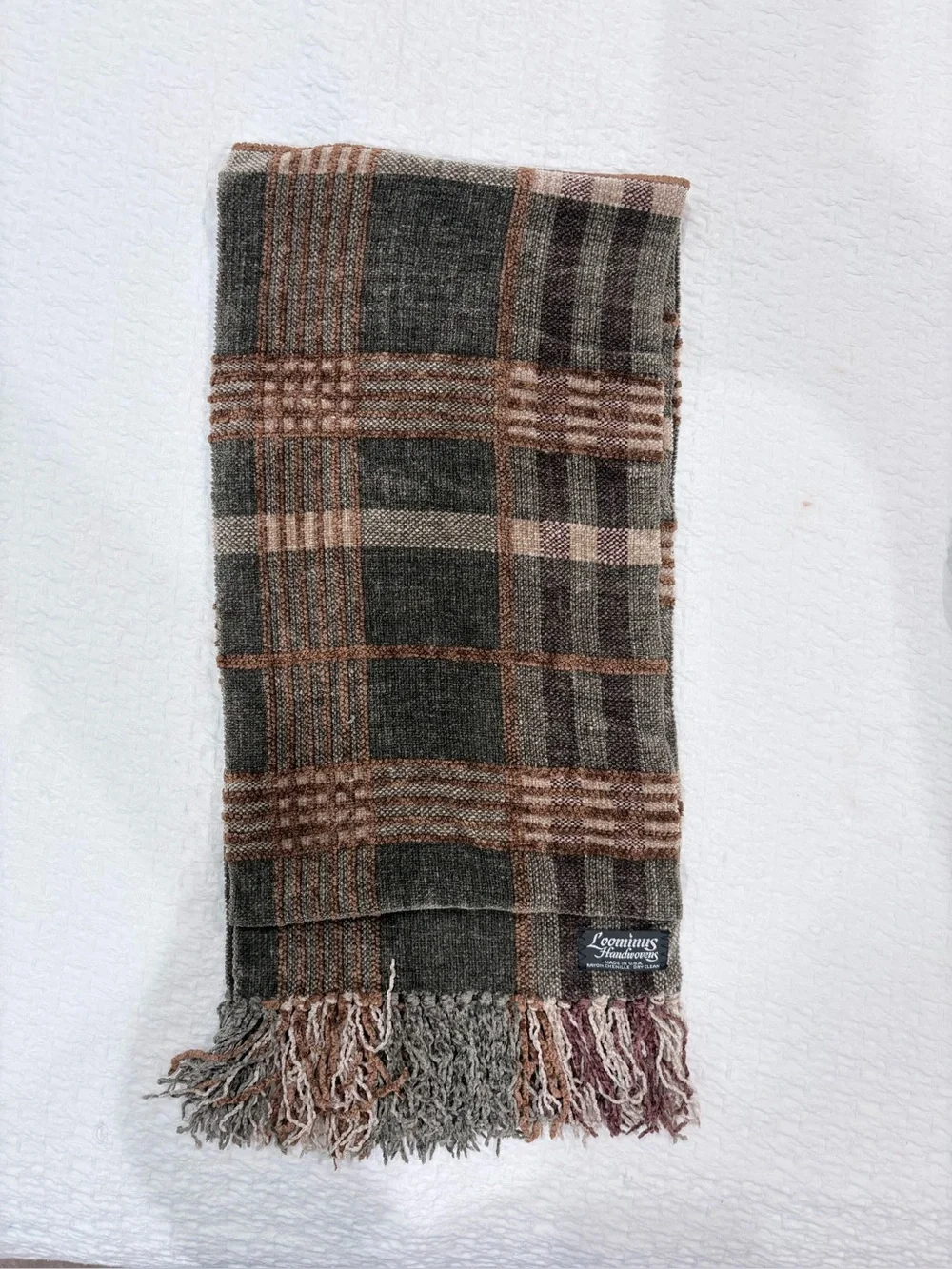 Vintage Loominus Handwovens Rayon Chenille Plaid Scarf Made in USA